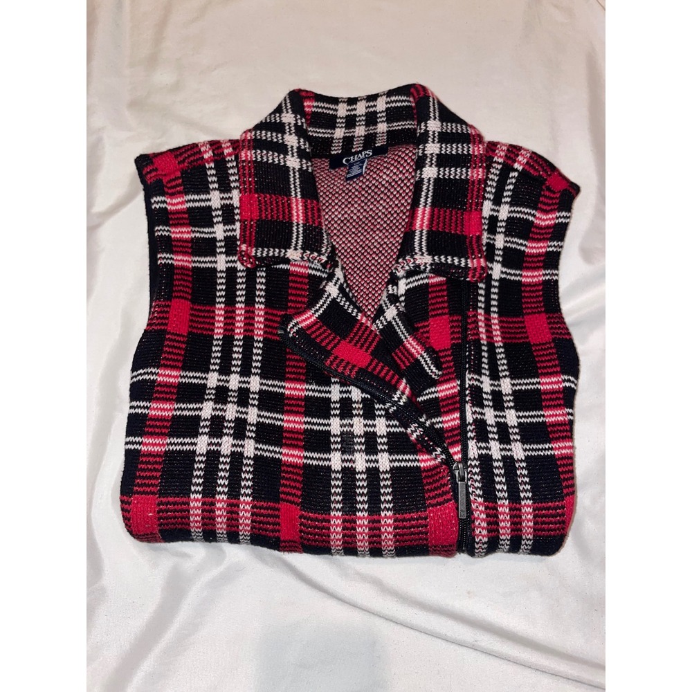 Chaps Womens Red Black Plaid Asymmetrical Zip Knit Sweater Vest Large